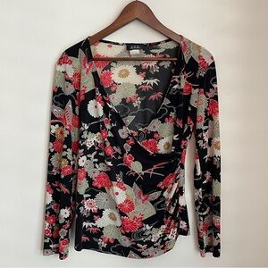 Y2K Floral V-Neck Wrap Top Mesh Fairy Hippie Boho Artsy Whimsy Size Small